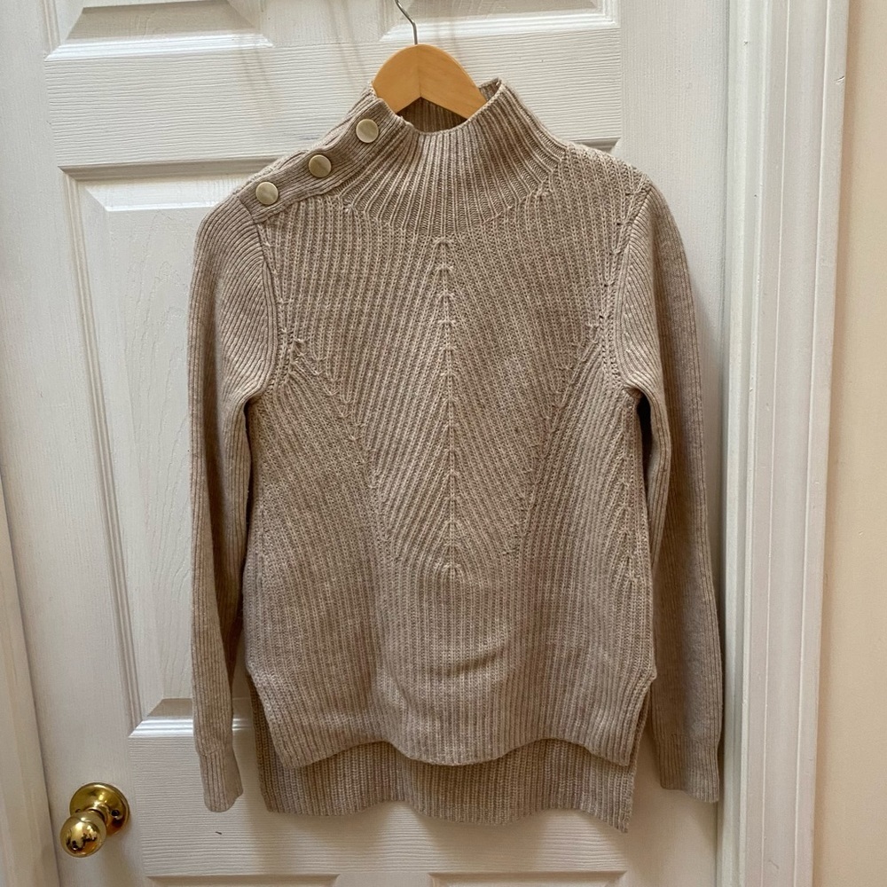 Veronica Beard Beige Ribbed Turtleneck Sweater with Button Shoulder